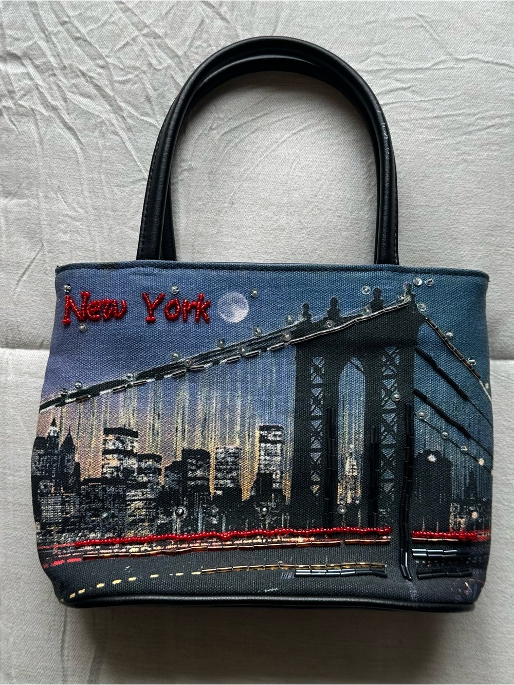 New York Skyline Embellished Tote Bag - Blue/Black